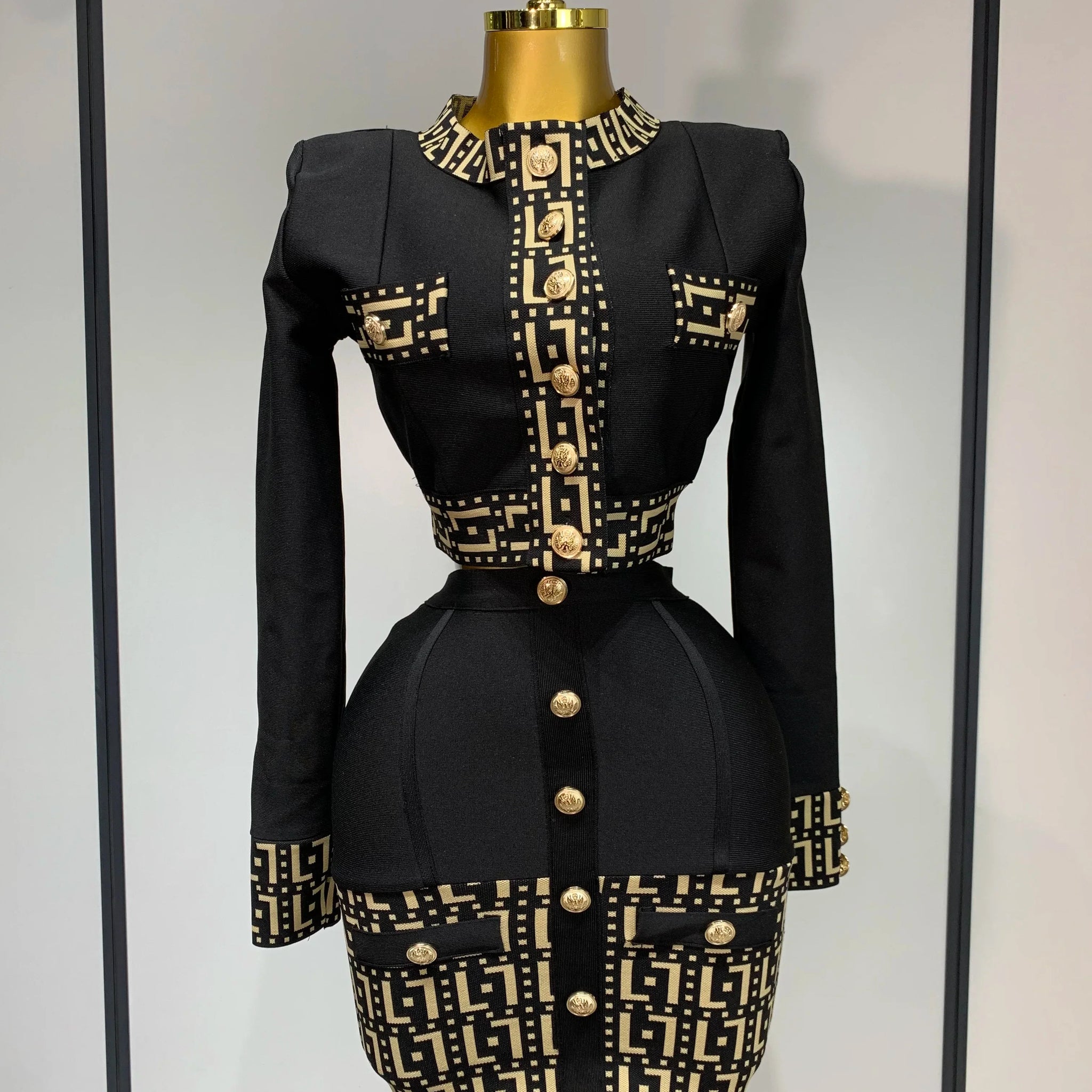 Women Black Long Sleeves Two Pieces Bandage Set Bottons Top Bodycon Mini Skirt Suit Evening Party Luxury Birthday Women's Outfit