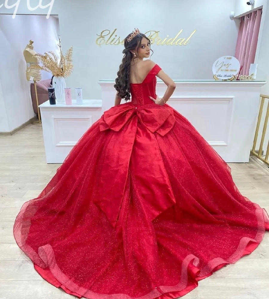 Princess Red Quinceanera Dresses Off Shoulders Corset Shiny Vestidos De 15 Años Quinceañera With Bow Birthday Party Customized