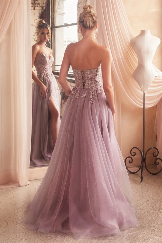 Sansa Dusty Pink Strapless A-line Prom Dress 3D Lace On Chest Vestidos De Noche Sweet Corset Side Split Party Dresses