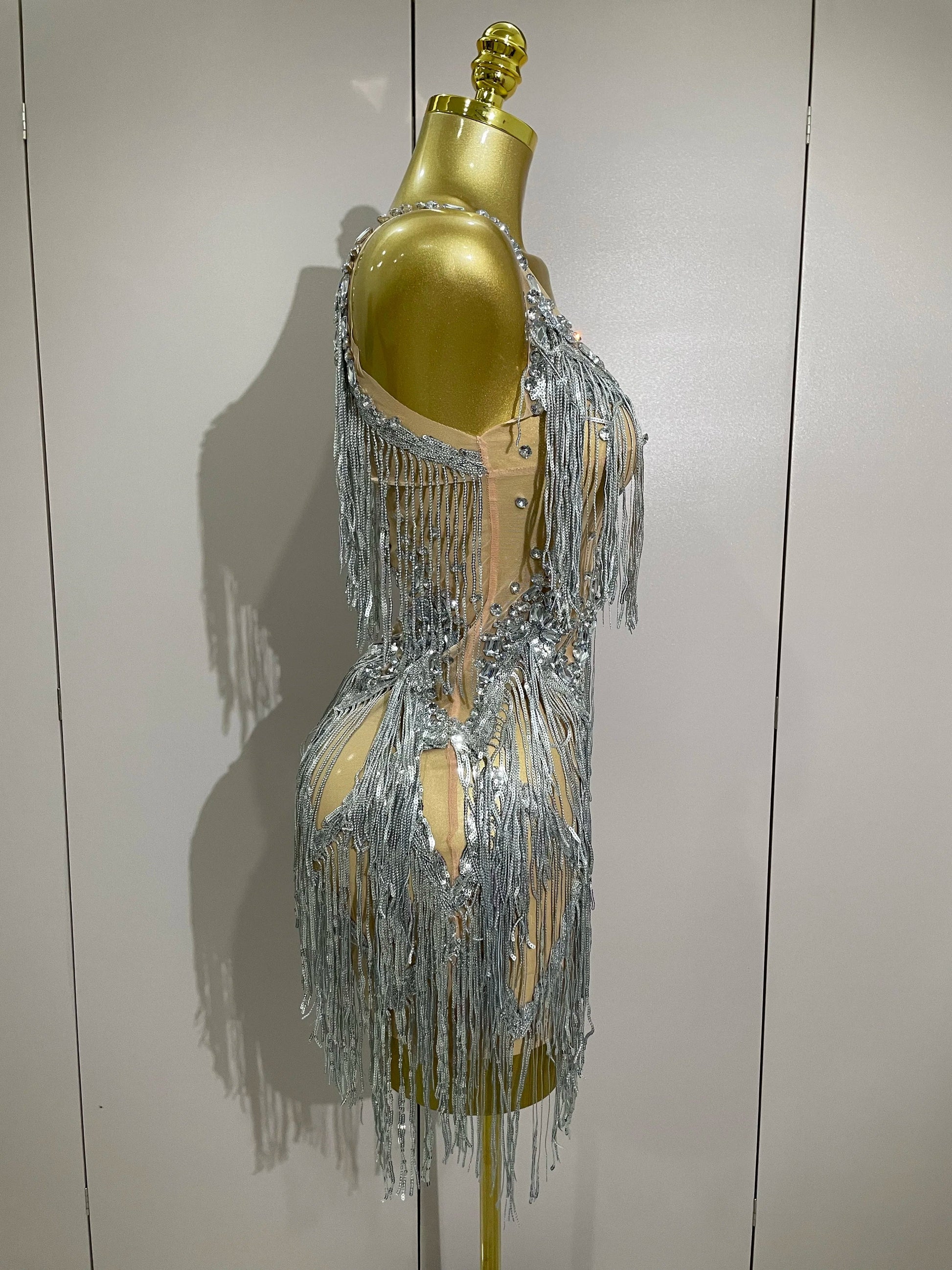 Sparkly Rhinestone Tassels Sexy Mesh Mini Dress Women Evening Birthday Party Dresses Nightclub Performance Stage Costume