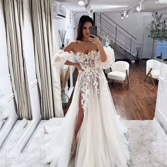 Sexy A Line Wedding Dresses For Bride Elegant Lace Flower Lace Boho Wedding Gowns High Split Princess Bridal Dresses