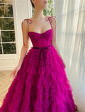 Sexy Spaghetti Strap Fuchsia فساتين السهرة Multilayer Tulle A-line Prom Dress Princess Puffy Vestidos De Noche