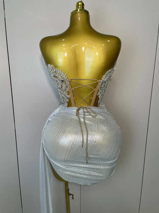 Sparkly Silver Sequins Sexy Strapless Short Dress 2Pcs Set Newest Women Party Birthday Nightclub Singer Dancer Stage Wear