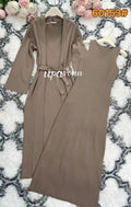 Women's Knitted Long Dress Sets with Polo Collar Long Sleeves Waistband Tie up Cardigan Long Coat+Sleeveless Dress Two Piece Set Deep card