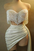 Summer Beading Tassel Sexy See Through STrapless Top And Mini Skirt 2 Pieces Woman Set Party Vestido Performances Costume
