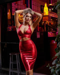 Gold Red Foil Color Women Sexy Halter V-Neck Bodycon Tops Bandage Pencil Skirts Set Nightclub Party Celebrate Women's Set Red