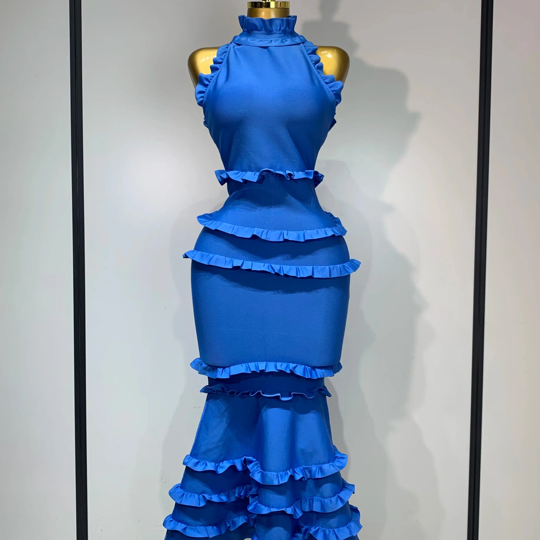 Women Sexy Backless Ruffles Bodycon Bandage Mermaid Dress Celebrate Evening Party Luxury Birthday Wedding Guest Dress Blue