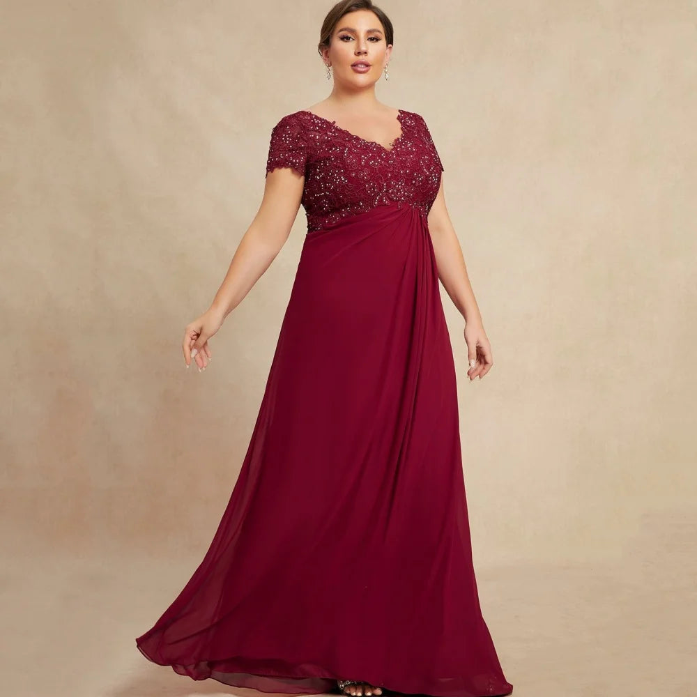 Formal V Neck Customized Mother Dresses A Line Bride Party Dress Lace Short Sleeve Occasion Gown Elegant robes invitée mariage