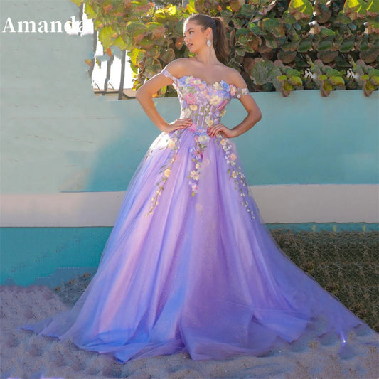 Spring Off Shoulder Ball Gown Vestido De Novia Flower Lace Evening Dress Baby Blue Corset Maxi Prom Dress