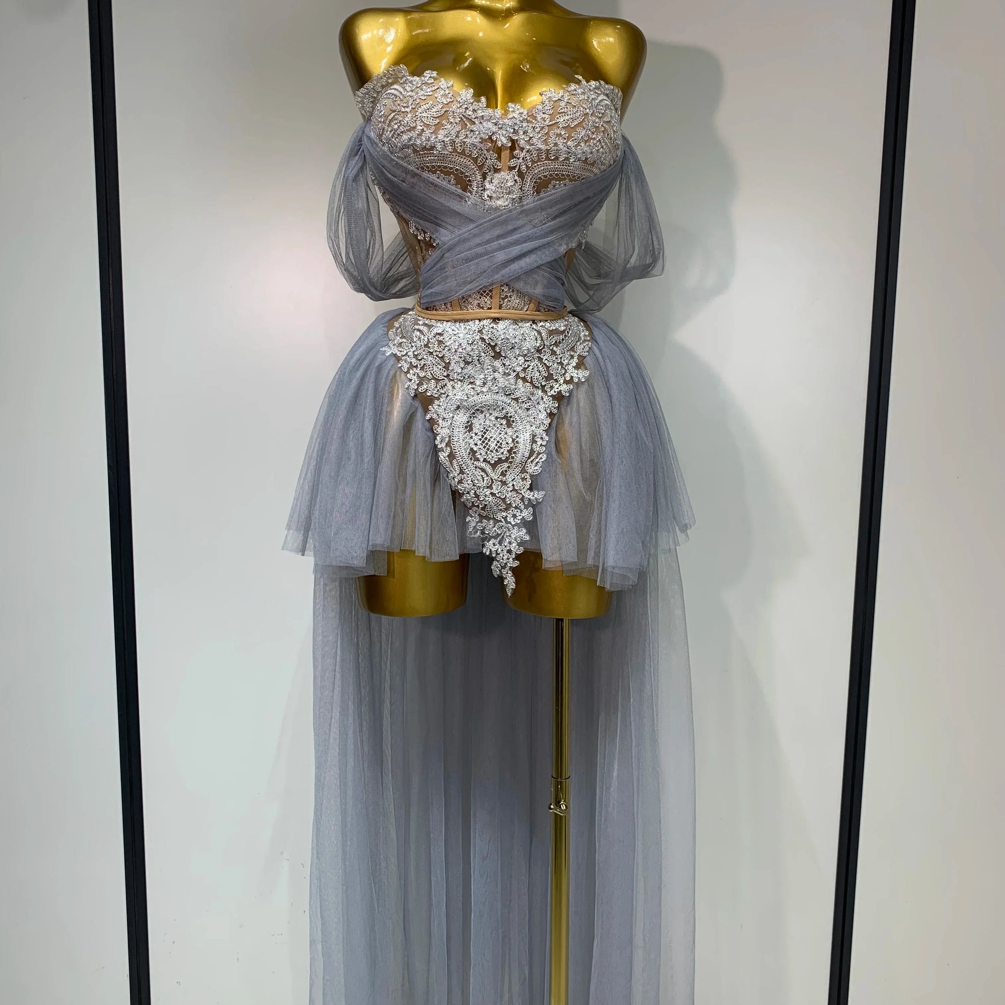 Sexy Backless Mesh Top Skirt Two Pieces Set Celebrate Festival Performance Costume Luxury Birthday Evening Party Design Dress GRAY