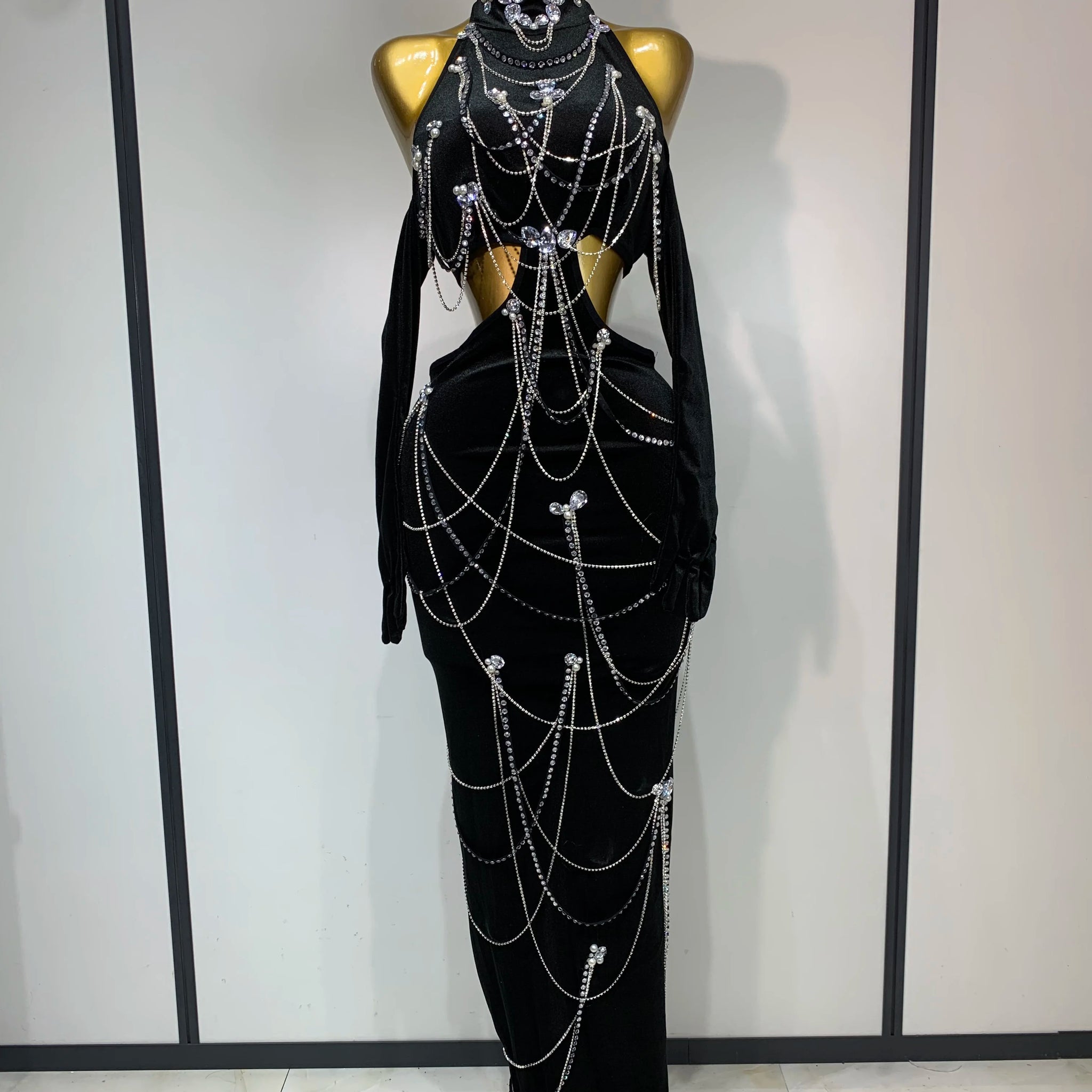 Women Sparkly Diamonds Tassels Chain Sexy Halter Backless Long Dress Evening Party Birthday Celebrate Celebrity Stage Costume black