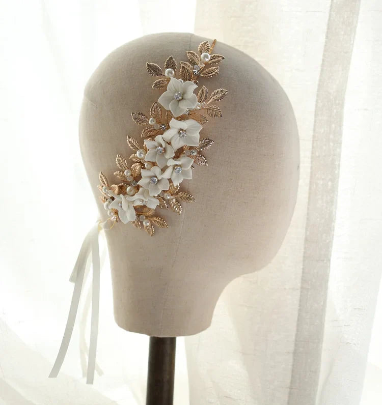 Wedding Hair Accessories Vintage Gold Color Headband Pearl Crystal Hairband Bride Porcelain Flower Leaf Headpiece Bridal Jewelry