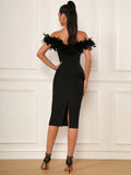 Spring Sexy Women's Light Luxury Feather Design Bandage Dress One Collar Shoulder Bodycon Bareback Dresses Party Vestidos