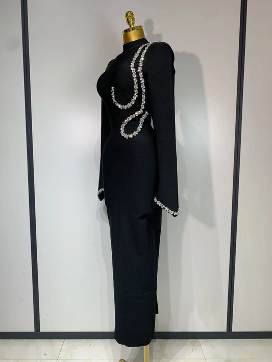Women Sexy Long Sleeve Diamonds Maxi Long Bodycon Bandage Dress Celebrity Elegant Evening Party Luxury Birthday Dresses