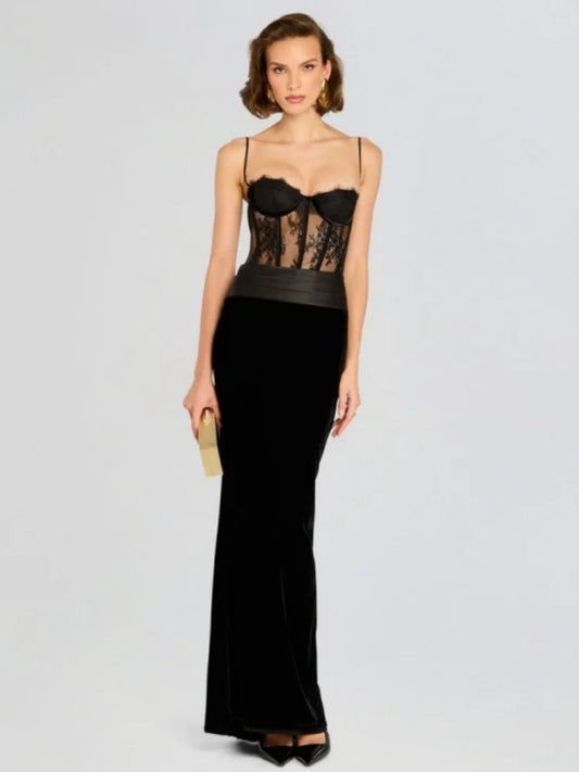 Black Women Sexy Strap Lace Fashion Bodycon Long Maxi Dress Celebrate Birthday Vacation Cocktail Outfit Vestido black