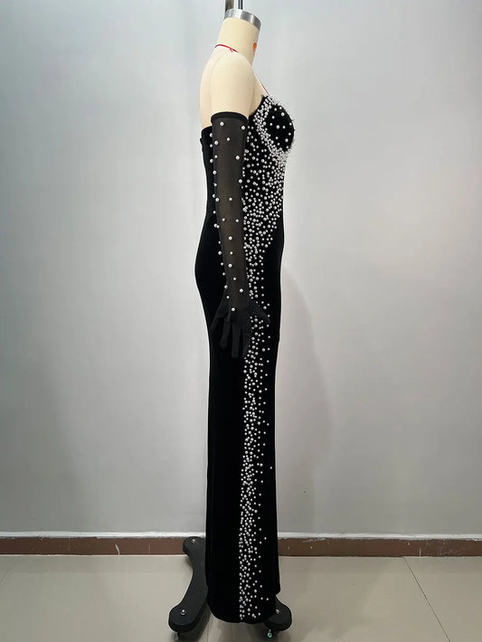 Women Light Luxury Beaded Velvet Dress+Thin Gauntlet Gloves Fashion Bodycon Bareback Sexy Long Dress Evening Party Vestidos