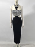 Sexy Women's Light Luxury Nail Bead Design Bandage Dress Hanging Neck Sleeveless Waist Design Bodycon Long Dress Vestitos black