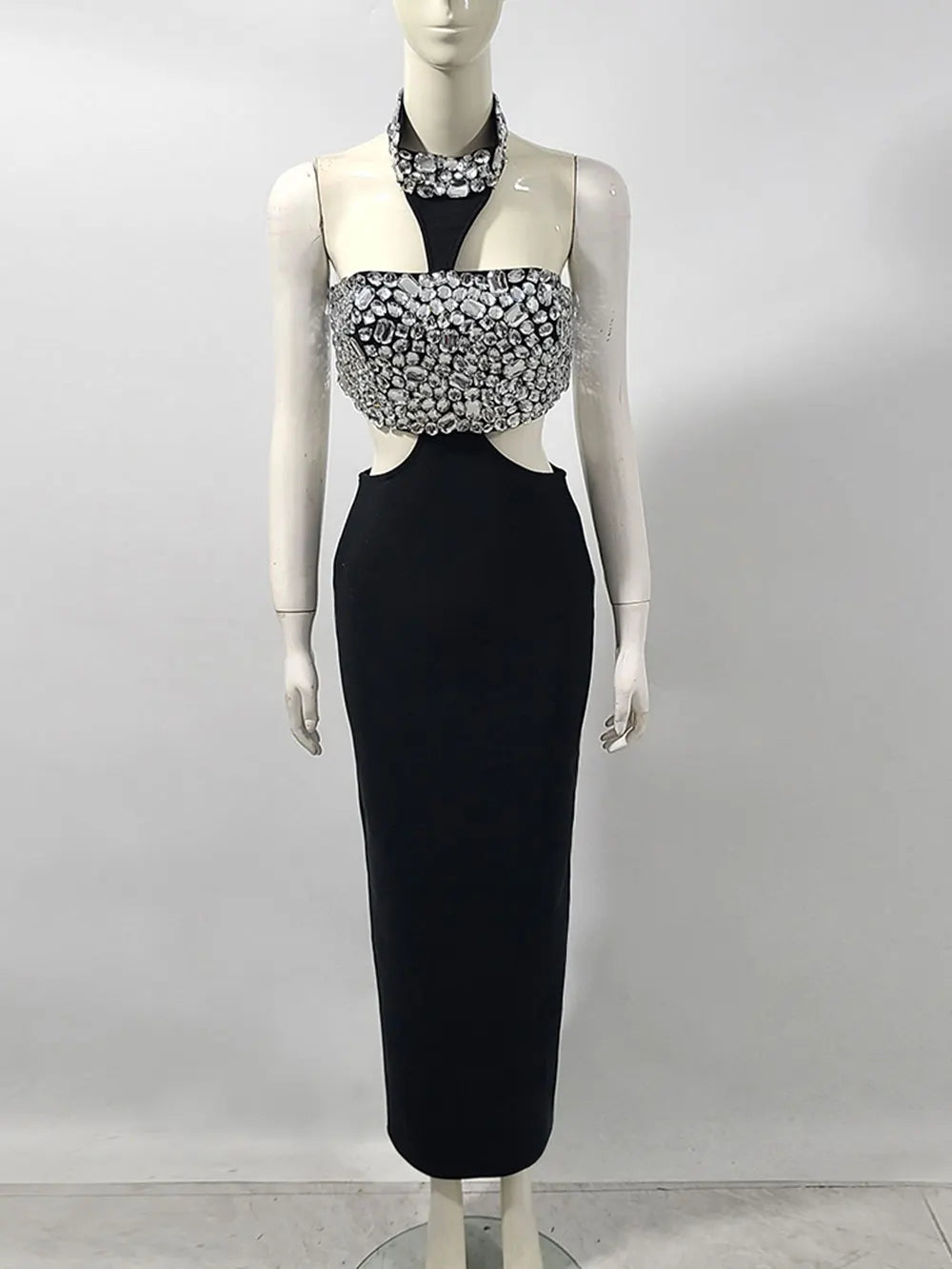 Sexy Women's Light Luxury Nail Bead Design Bandage Dress Hanging Neck Sleeveless Waist Design Bodycon Long Dress Vestitos black