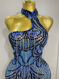 Sexy Sparkly Rhinestones Chains Blue Mesh Short Dress Women Party Celebrate Birthday Dresses Photo Shoot Stage Wear