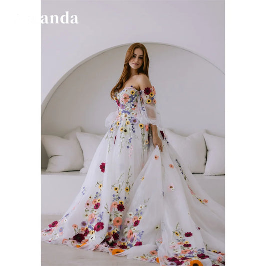 Flowers Lace Embroidery Tulle Fabric Prom Dress Detachable Train vestidos de fiesta Strapless A-line فستان حفلات الزفاف as pic