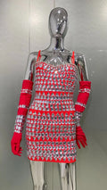 Women Luxury Sexy Crystal Beading Women Sleeveless Sexy Bodycon Mini Dress Gloves Nightclub Party Celebrate Birthday Dress Red