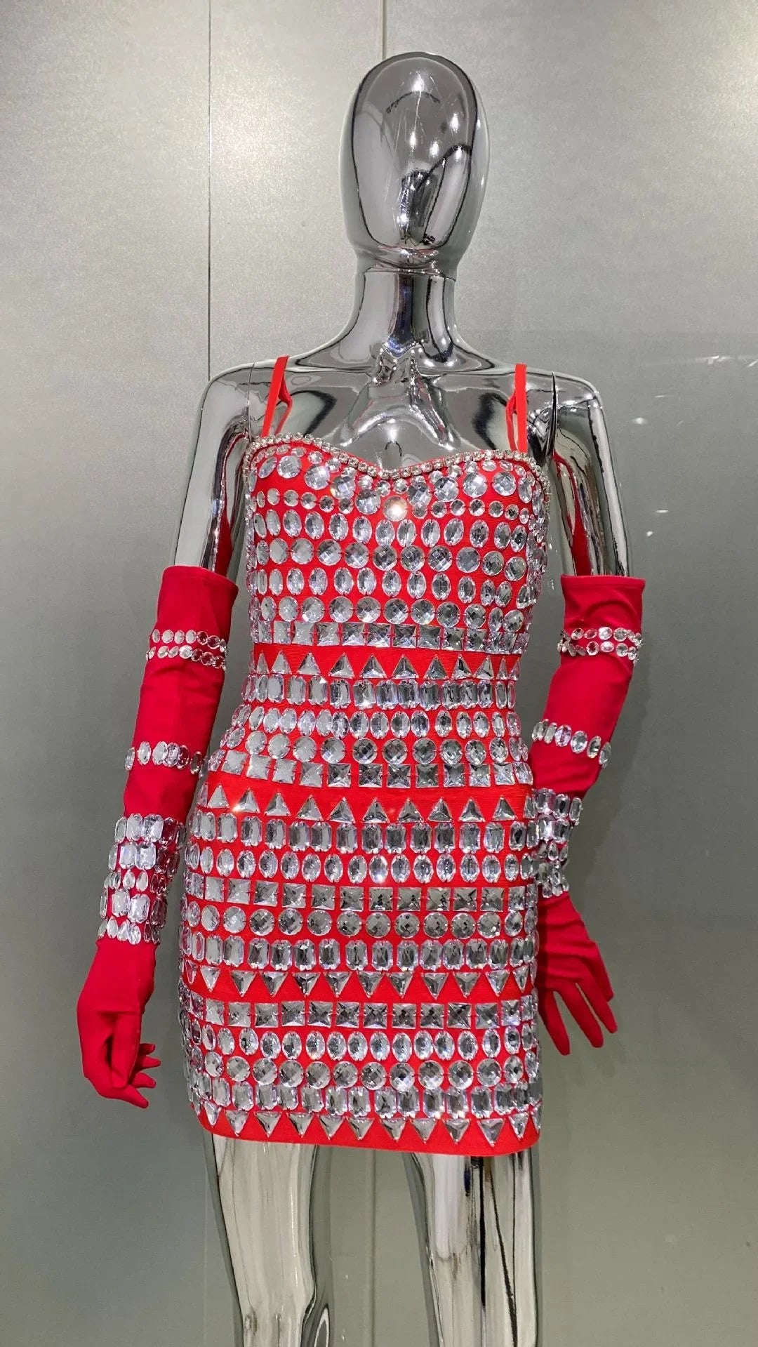 Women Luxury Sexy Crystal Beading Women Sleeveless Sexy Bodycon Mini Dress Gloves Nightclub Party Celebrate Birthday Dress Red