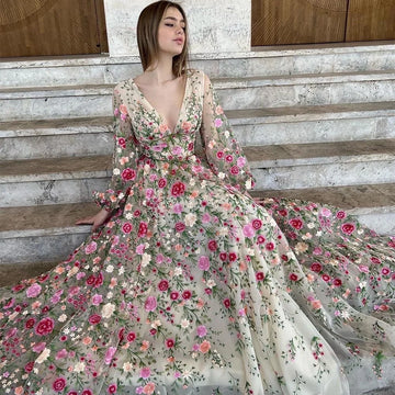 Amanda Elegant Floral Tulle Prom Dresses Long Sleeves V-Neck Lace Appliques A-Line Evening Gown Formal Party Dress 2023