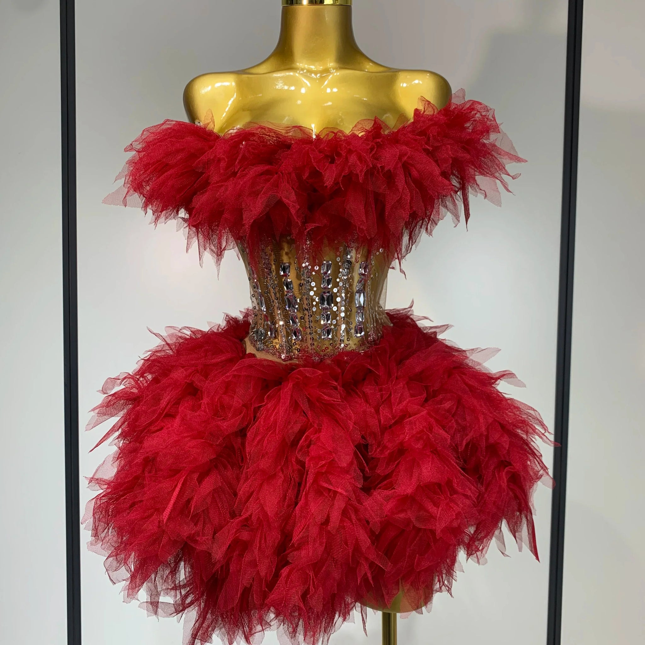 Sexy Strapless Red Mesh Two Pieces Set Singer Nightlcub Party Stage Outfit Photo Shoot Prom Gown Luxury Birthday Dresses Red