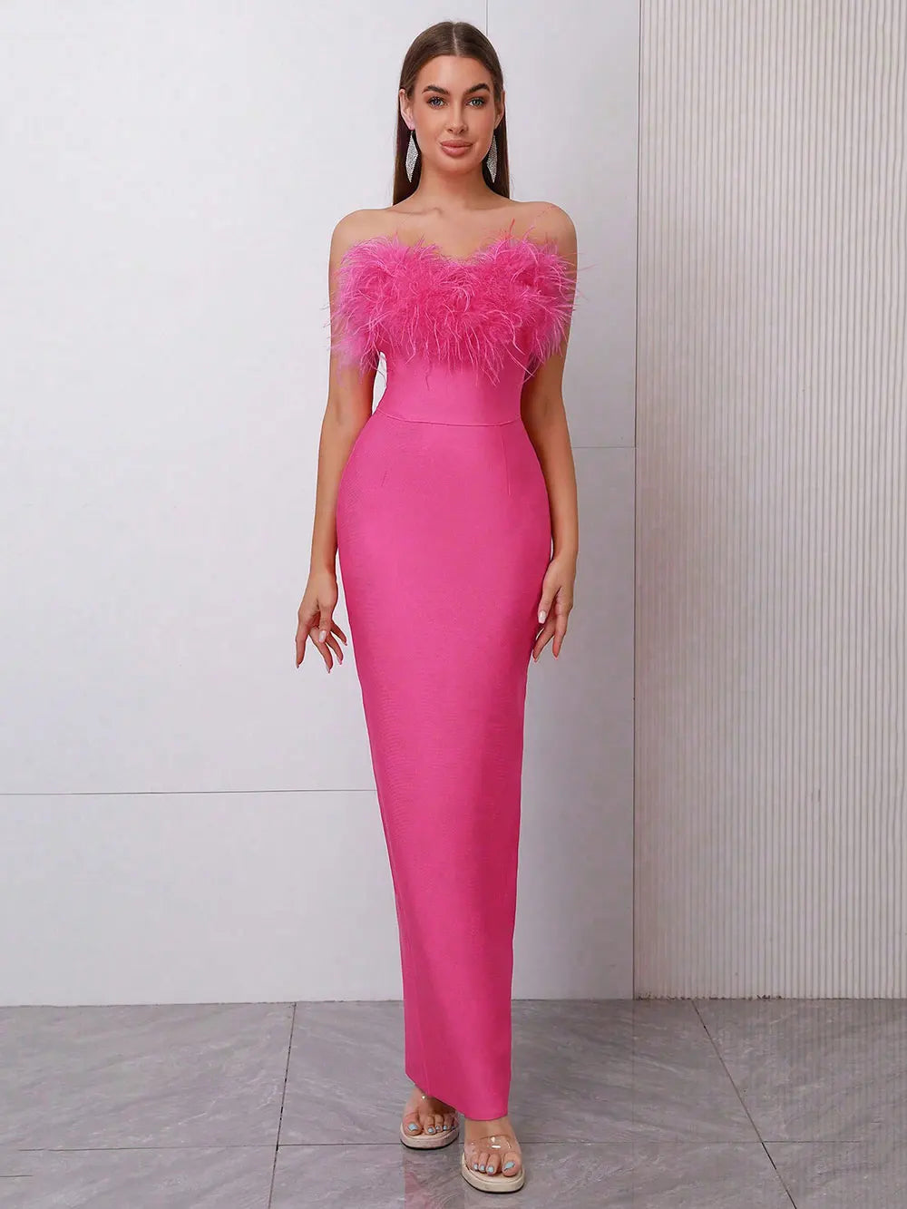 Spring Sexy Women Feather Design Bandage Dress Strapless Sleeveless Bodycon Backless Long Dress Evening Club Party Vestidos Rose Red