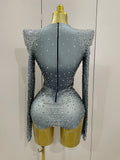 Sparkle Silver Rhinestones Long Sleeve Stretch Bodysuits Women Evening Luxury Birthday Party Sexy Nightclub Stage Costu