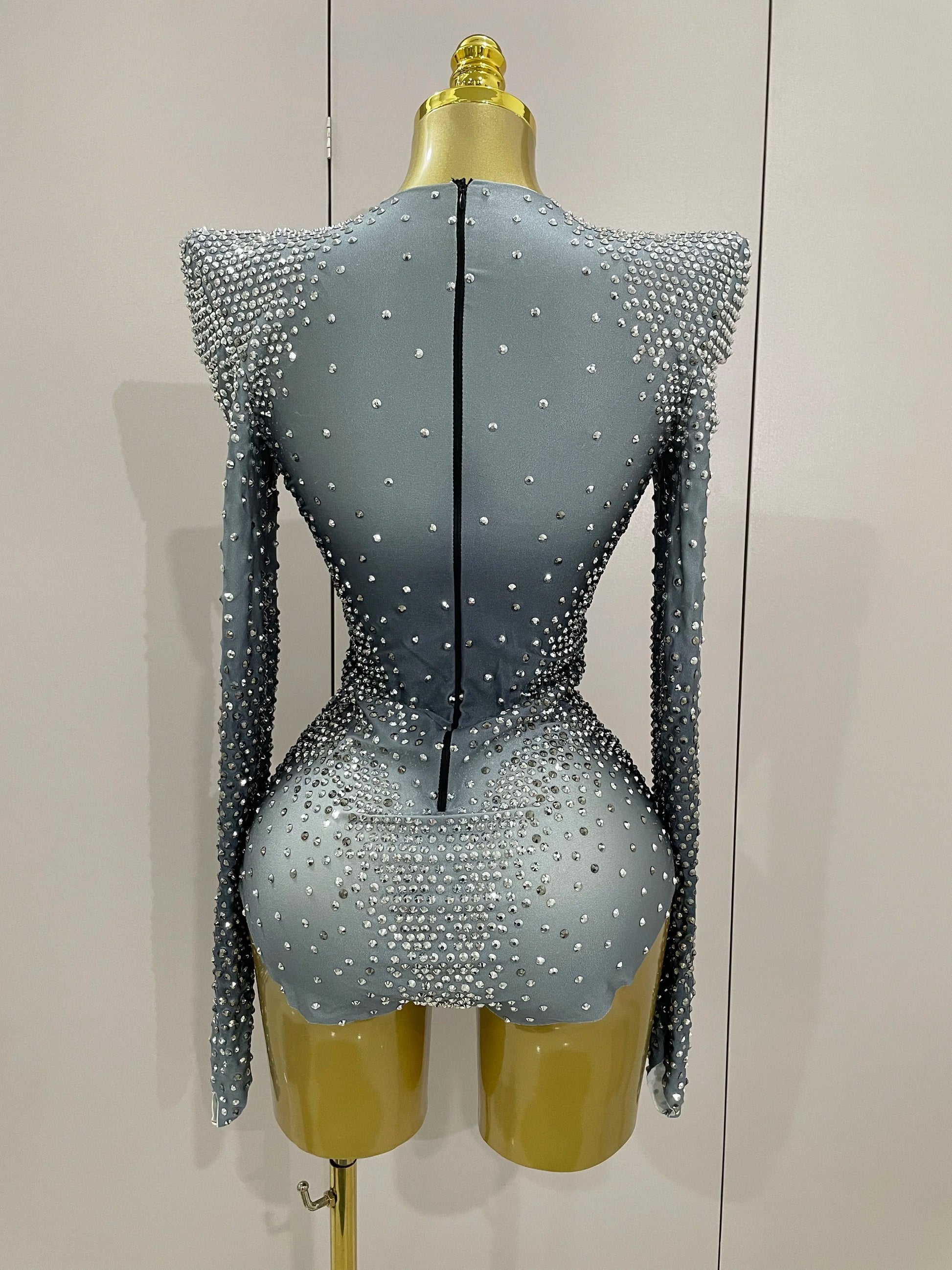 Sparkle Silver Rhinestones Long Sleeve Stretch Bodysuits Women Evening Luxury Birthday Party Sexy Nightclub Stage Costu