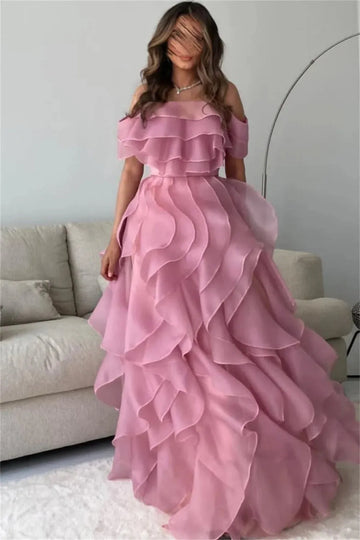 Elegant Off Shoulder Multilayer Puffy Maxi Prom Dress in Organza with Edge Curl Detail Pink