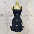Women Sleeveless Sexy Square Collar Shinning Crystal Ruffles Bodycon Mini Bandage Dress Nightclub Party Birthday Wear black