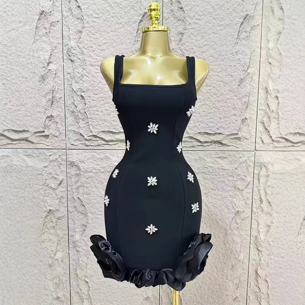 Women Sleeveless Sexy Square Collar Shinning Crystal Ruffles Bodycon Mini Bandage Dress Nightclub Party Birthday Wear black