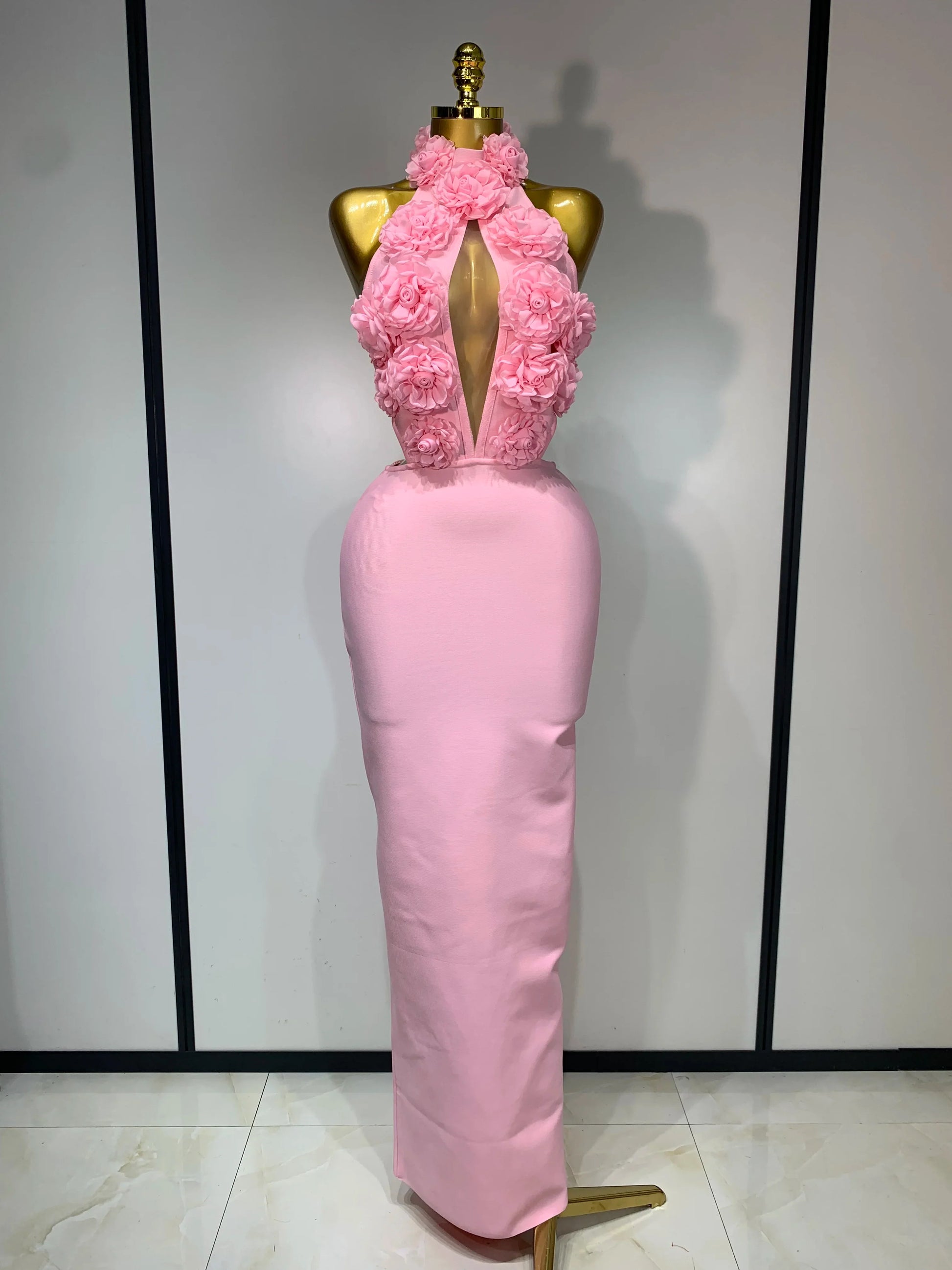 Women Sexy Halter Hollow Out Flowers Bodycon Bandage Dress Red Backless Celebirty Elegant Party Luxury Birthday Wedding Dresses Pink