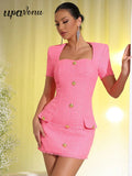 Elegant Women's Small Fragrant Dress Square Neck Short Sleeve Button Design Bodycon Mini Dress Evening Party Vestidos
