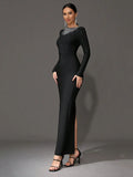 Elegant Women's Light Luxury Hot Diamond Bandage Dress O-neck Long Sleeve Bodycon Black Long Dress Evening Party Vestidos