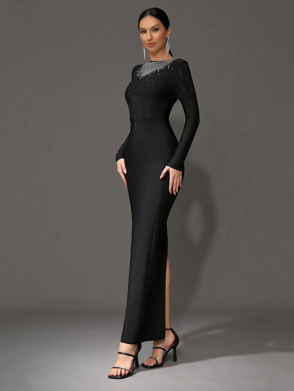 Elegant Women's Light Luxury Hot Diamond Bandage Dress O-neck Long Sleeve Bodycon Black Long Dress Evening Party Vestidos