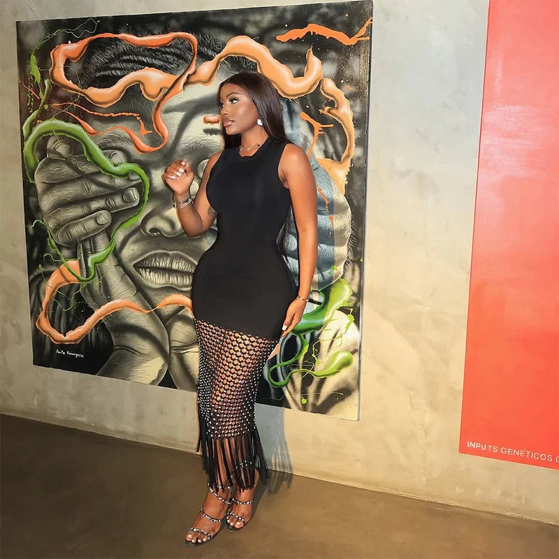 Top Quality Women Sleeveless Sexy O-Neck Shinning Rhinestones Bodycon Long Bandage Dress Nightclub Party Celebrate Evening Wear
