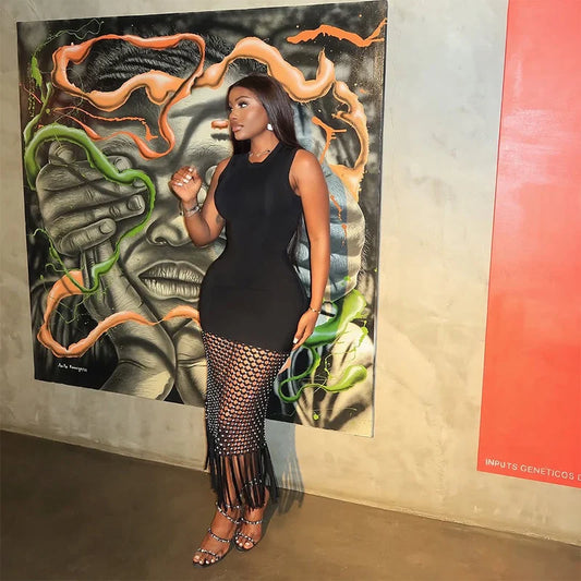 Top Quality Women Sleeveless Sexy O-Neck Shinning Rhinestones Bodycon Long Bandage Dress Nightclub Party Celebrate Evening Wear