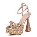 Luxury Handmade Full Rhinestones Peep toe Women Sandals Fashion Crystal Platform Wedges High heels Summer Wedding Sandals Shoes Champagne