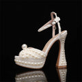 Summer Beaded Thick Heeled Women Gladiator Sandals Luxury Pearls Platform Wedges 14cm High heels Fashion Wedding Banquet Shoes Beige