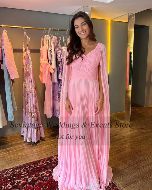 Elegant Pink Chiffon A-Line Prom Dresses V-Neck Long Cape Sleeves Floor Length Party Dresses vestidos de graduación
