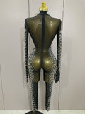 Sexy Sparkly Crystals Black Mesh Jumpsuit With Gloves Women Celebrate Birthday Party NightClub Singer Dance Stage Costumes