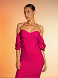 Rosered Color Women Sexy Strapless Ruffles Bodycon Mini Bandage Dress Celebrate Nightclub Party Birthday Vacation Outfit