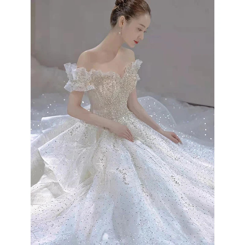 Fora do ombro luxo brilhante vestido de casamento princesa beading vestido de baile vestidos de noiva