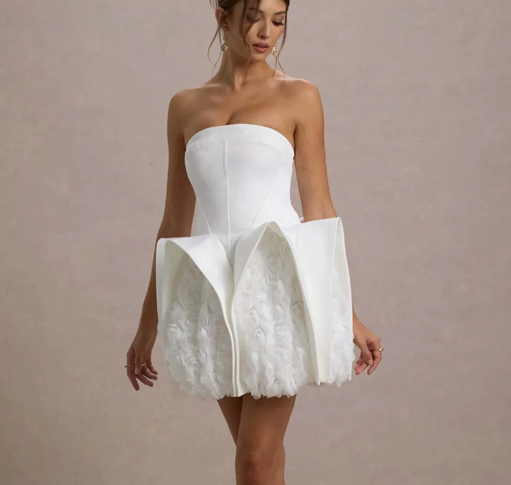White Color Women Sexy Strapless Florals Bodycon Mini Dress Cute Girls' Birthday Party Celebrate Wedding Outfit