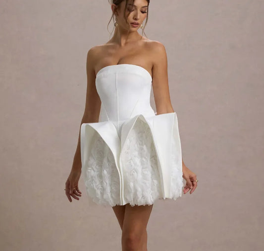 White Color Women Sexy Strapless Florals Bodycon Mini Dress Cute Girls' Birthday Party Celebrate Wedding Outfit
