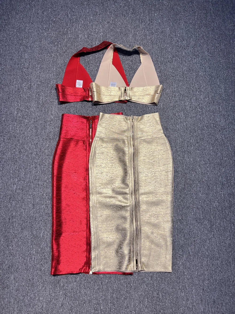 Gold Red Foil Color Women Sexy Halter V-Neck Bodycon Tops Bandage Pencil Skirts Set Nightclub Party Celebrate Women's Set