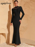 2025 Elegant Women's Wear Light Luxury Hot Diamond Tulle Patchwork Bandage Dress Stand Collar Long Sleeve Bodycon Long Dresses